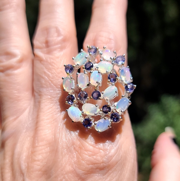 Blue Opals & Lolite 925 sterling cocktail ring sz 8.5 - Picture 7 of 8